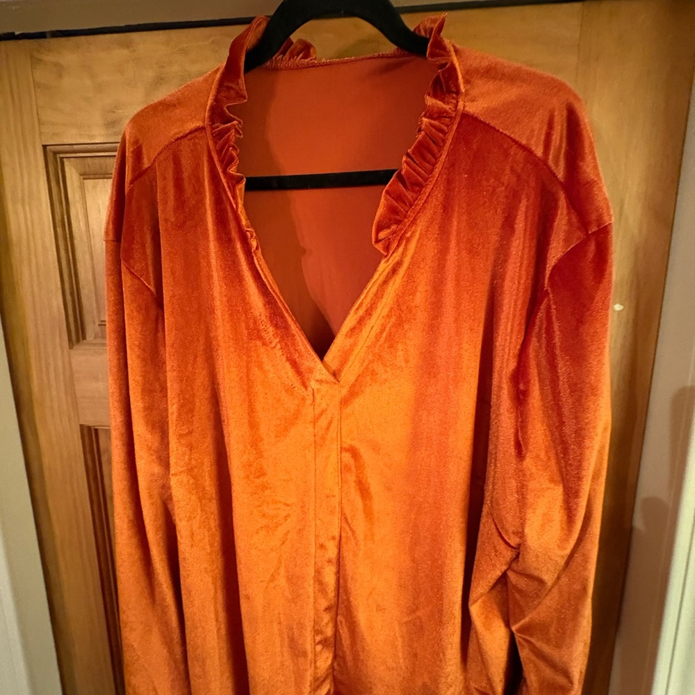 Velvet V-Neck Ruffle Trim Top - Bright Orange